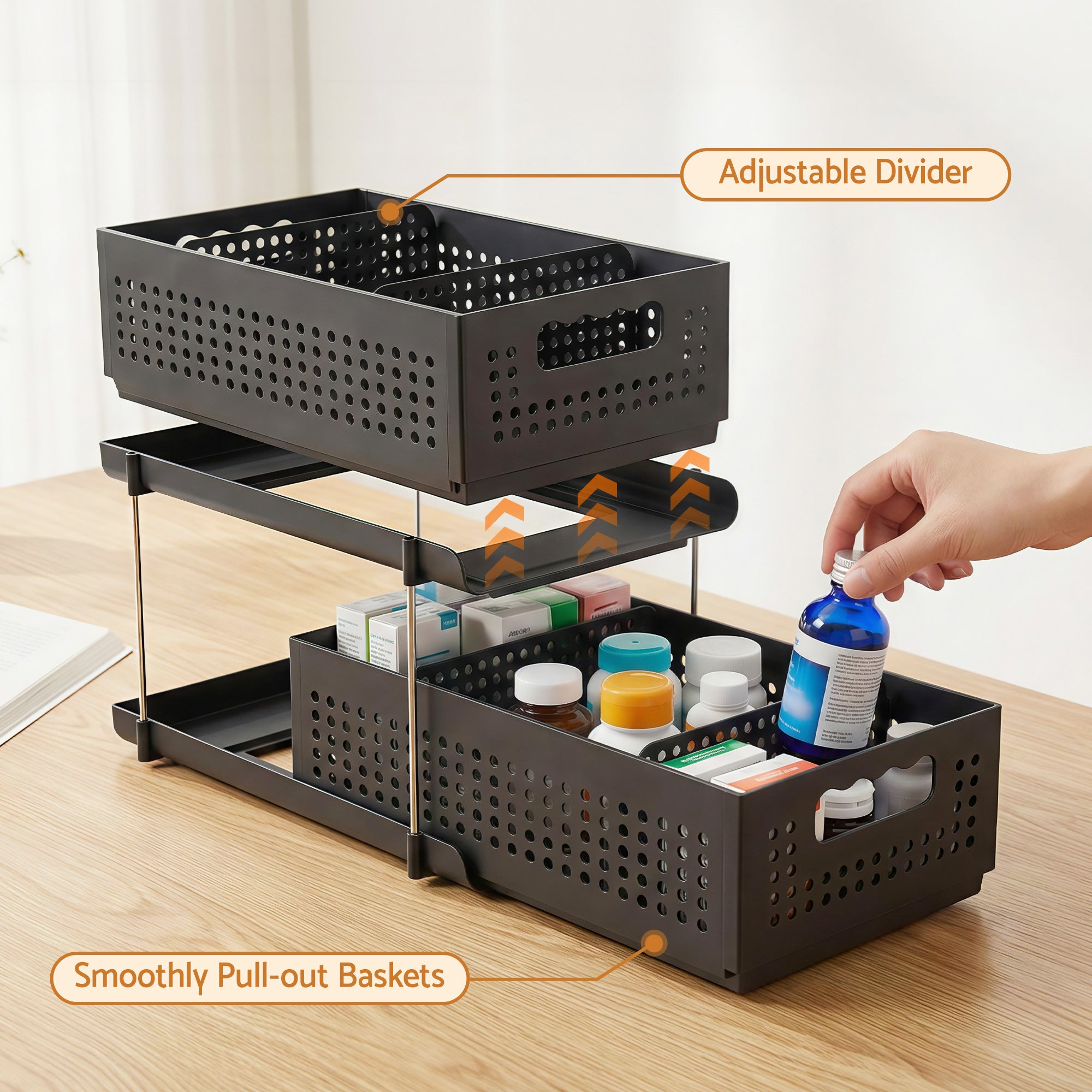 Artiss 2-Tier Slim Under Sink Organiser with Removable Baskets