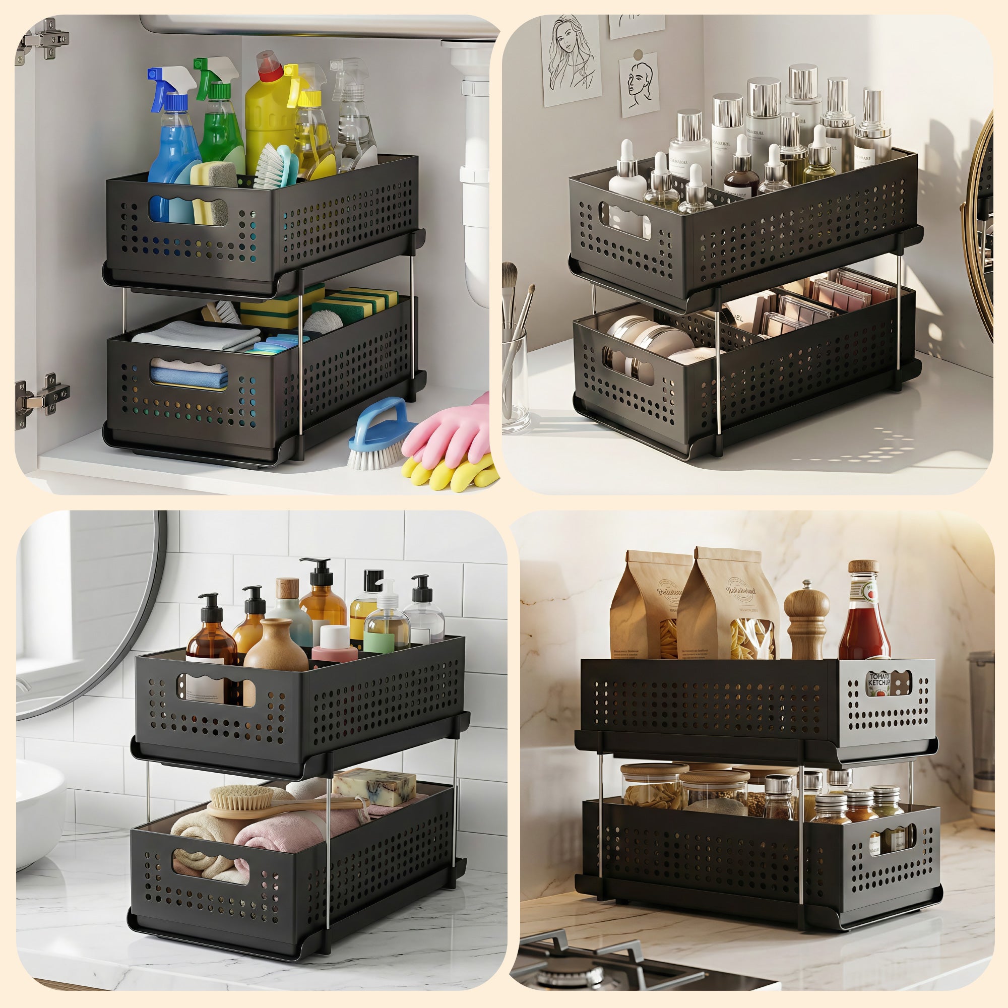 Artiss 2-Tier Slim Under Sink Organiser with Removable Baskets