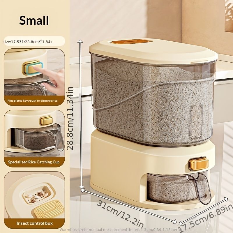 large capacity rice dispenser, measuring cup, time scale, plastic grain storage container, sealed food storage, insect proof food storage, moisture proof food storage, flour storage, pet food storage, Australian kitchen - gray and transparent - Size 10L