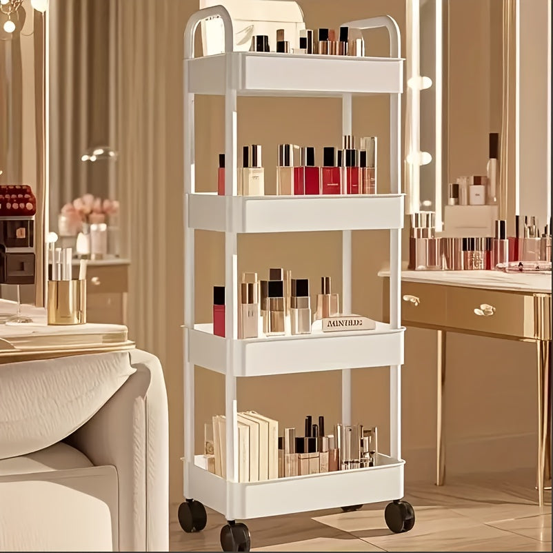 Four-Tier Rolling Cosmetics Storage Rack - Made of durable plastic, equipped with 360-degree swivel casters, strong load-bearing capacity - Suitable for bathroom, bedroom, kitchen, and home storage | White