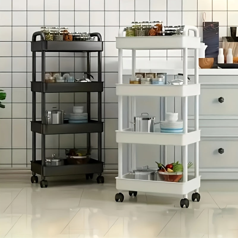 Four-Tier Rolling Cosmetics Storage Rack - Made of durable plastic, equipped with 360-degree swivel casters, strong load-bearing capacity - Suitable for bathroom, bedroom, kitchen, and home storage | White