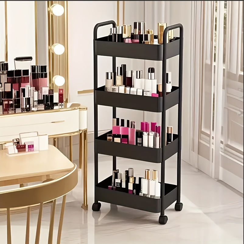 Four-Tier Rolling Cosmetics Storage Rack - Made of durable plastic, equipped with 360-degree swivel casters, strong load-bearing capacity - Suitable for bathroom, bedroom, kitchen, and home storage | White
