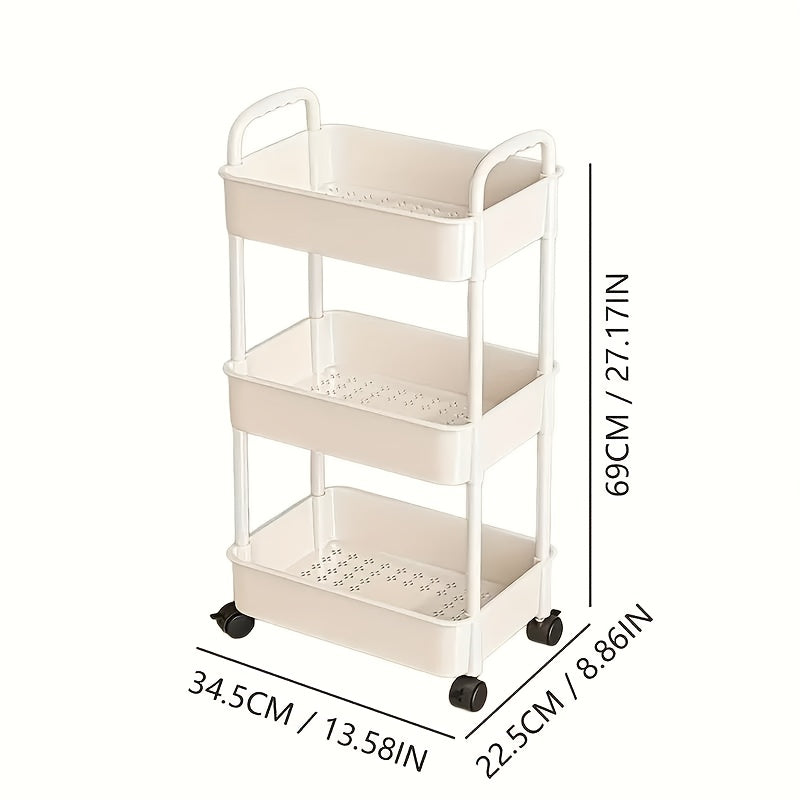 Four-Tier Rolling Cosmetics Storage Rack - Made of durable plastic, equipped with 360-degree swivel casters, strong load-bearing capacity - Suitable for bathroom, bedroom, kitchen, and home storage | White