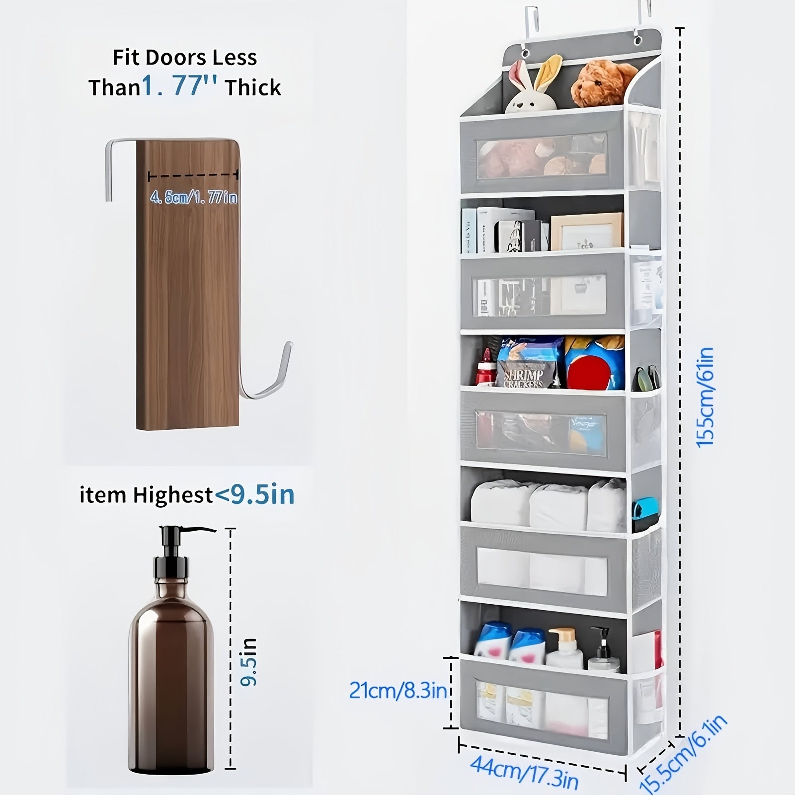 Storage Marvel in Black & Gray — 5-Tier Over-the-Door Organizer with 5 Large Pockets. Sturdy and Anti-Tip Design for Strong Load-Bearing. A Neat Solution for Bedroom, Bathroom & Storage Room.（GREY）