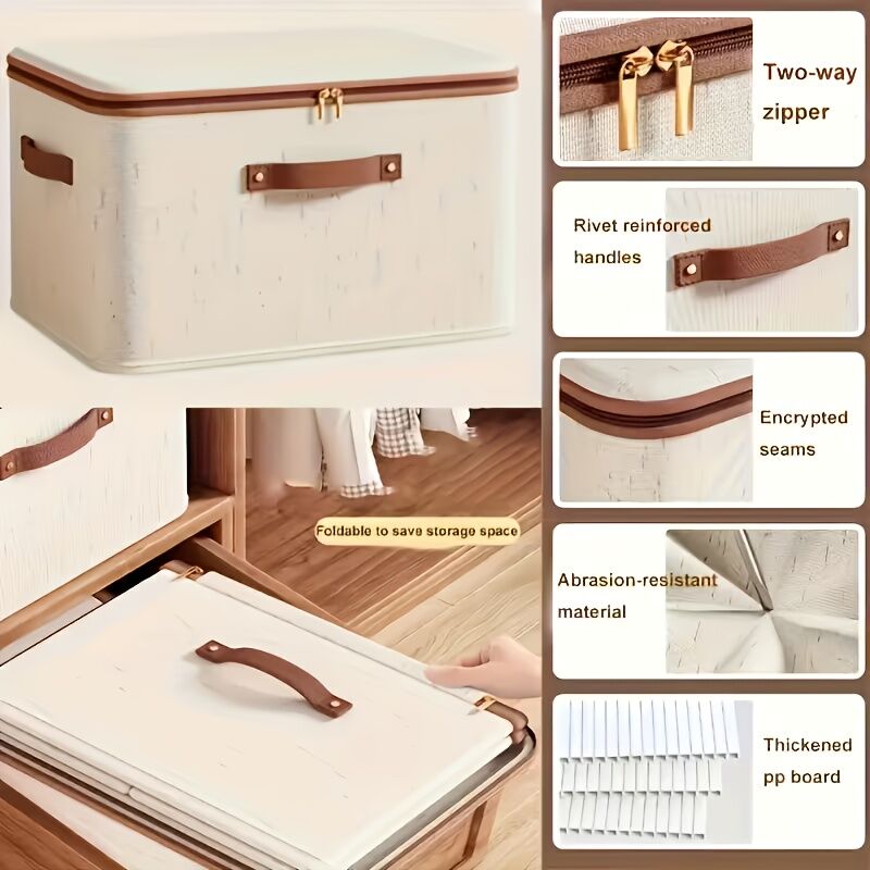 8L Double Zipper Storage Box with Faux Leather Handles | Large Capacity Lidded Basket, Perfect for Storing Clothes, Bedding, and Moving — Ideal for Bedrooms, Dorms, Studies, Wardrobes, Laundry Baskets, Shelf Bins, and Storage Racks.