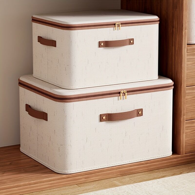 8L Double Zipper Storage Box with Faux Leather Handles | Large Capacity Lidded Basket, Perfect for Storing Clothes, Bedding, and Moving — Ideal for Bedrooms, Dorms, Studies, Wardrobes, Laundry Baskets, Shelf Bins, and Storage Racks.