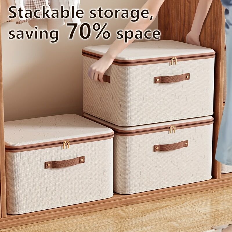 15L Double Zipper Storage Box with Faux Leather Handles | Large Capacity Lidded Basket, Perfect for Storing Clothes, Bedding, and Moving — Ideal for Bedrooms, Dorms, Studies, Wardrobes, Laundry Baskets, Shelf Bins, and Storage Racks.