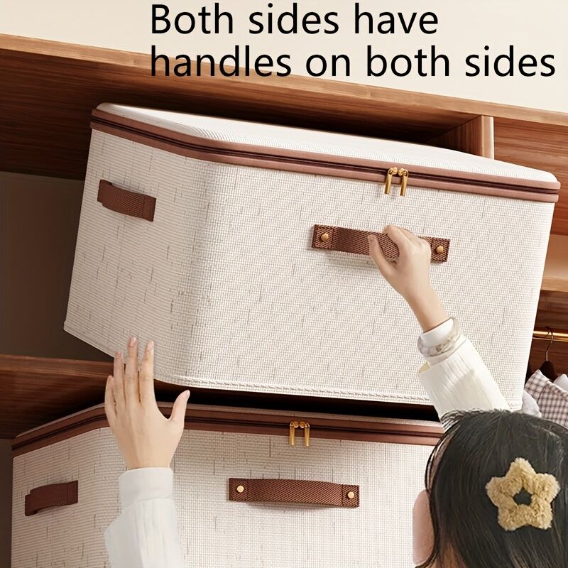 15L Double Zipper Storage Box with Faux Leather Handles | Large Capacity Lidded Basket, Perfect for Storing Clothes, Bedding, and Moving — Ideal for Bedrooms, Dorms, Studies, Wardrobes, Laundry Baskets, Shelf Bins, and Storage Racks.