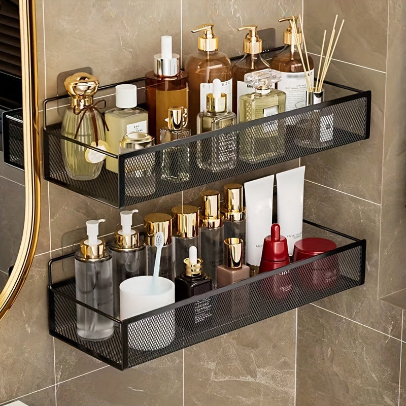 Wrought Iron Bathroom Storage Basket, Wall-Mounted Self-Adhesive Toothbrush Holder, Cosmetic & Condiment Shower Shelves, Kitchen & Bathroom Decorative Accessories/ BLACK