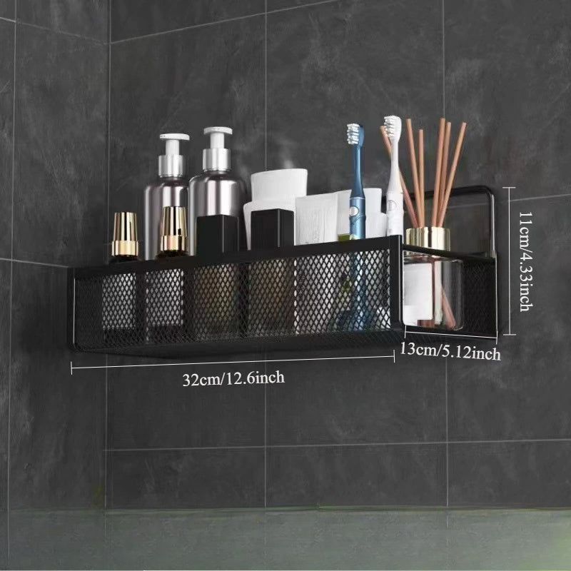 Wrought Iron Bathroom Storage Basket, Wall-Mounted Self-Adhesive Toothbrush Holder, Cosmetic & Condiment Shower Shelves, Kitchen & Bathroom Decorative Accessories/ BLACK