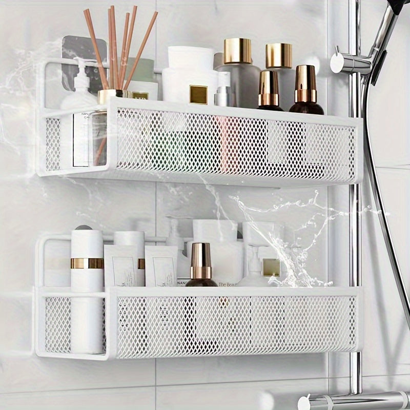 Wrought Iron Bathroom Storage Basket, Wall-Mounted Self-Adhesive Toothbrush Holder, Cosmetic & Condiment Shower Shelves, Kitchen & Bathroom Decorative Accessories/ BLACK