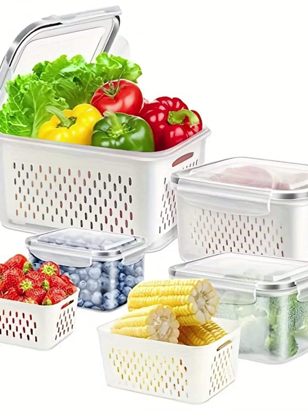 9-piece set (3 containers + 3 lids + 3 draining baskets) plastic food storage box - leak-proof, freezer-safe, reusable multi-functional kitchen storage box, suitable for fruits, vegetables and most foods