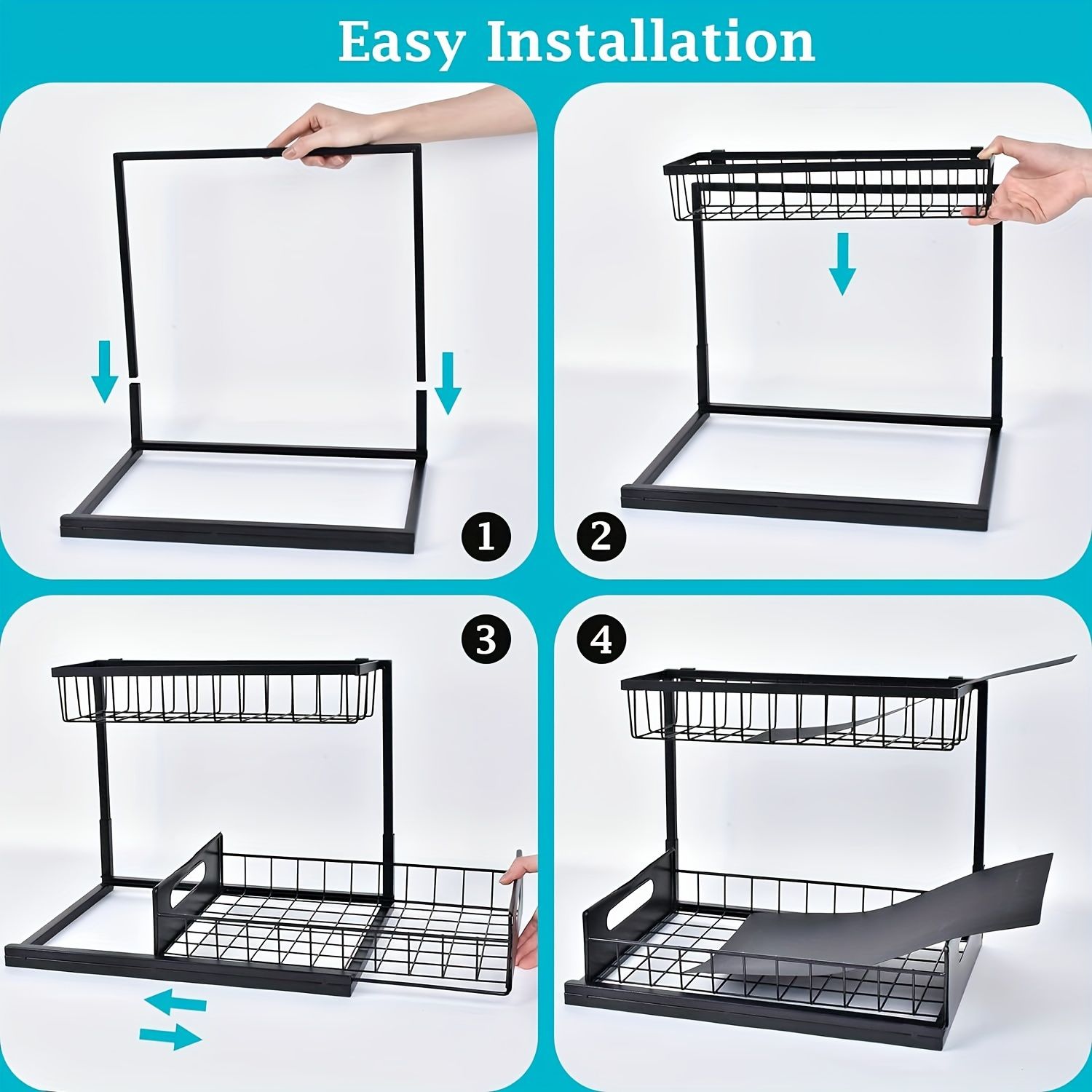 Kitchen sink storage box, pull-out cabinet storage box 2-layer sliding sink rack cabinet storage rack, kitchen bathroom cabinet sink drain storage pull-out frame