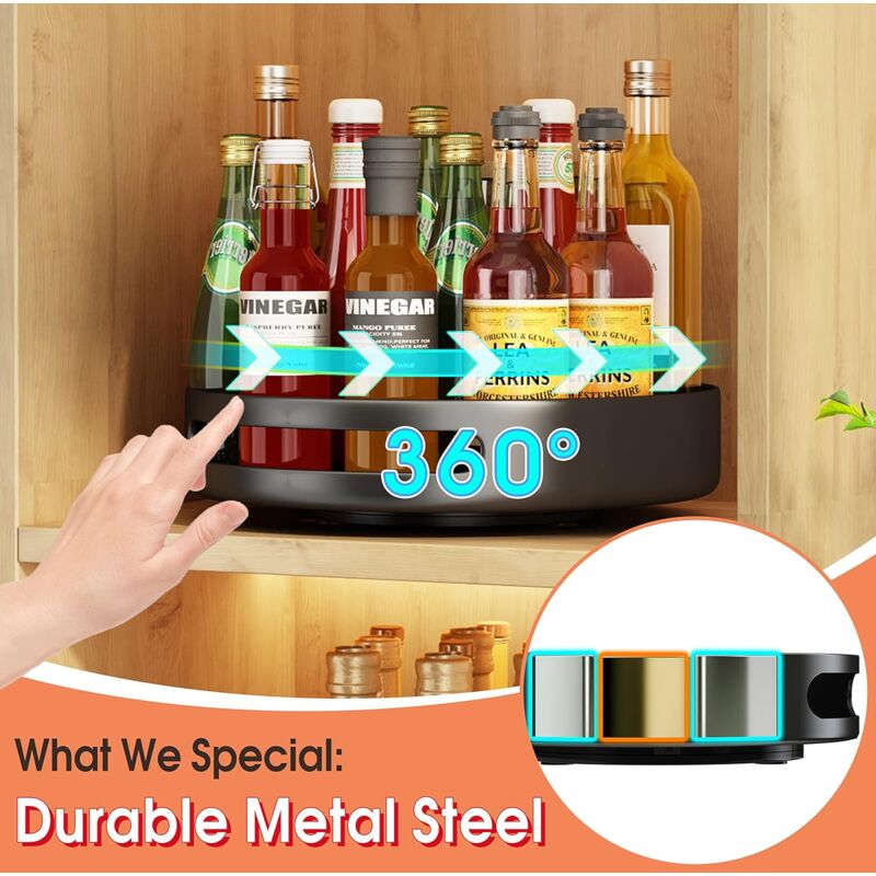 Turntable,Metal Steel ROtating Shelf Lazy Susan Kitchen Cupboard For Kitchen Storage,Cupboard Storage,25.4Cm,Black