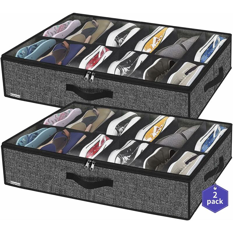 2 Pack Shoe Storage Bag With Clear Window - 12 Compartment Shoe Organizer For Under Bed Storage, Black Linen Fabric