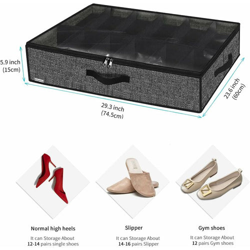 2 Pack Shoe Storage Bag With Clear Window - 12 Compartment Shoe Organizer For Under Bed Storage, Black Linen Fabric