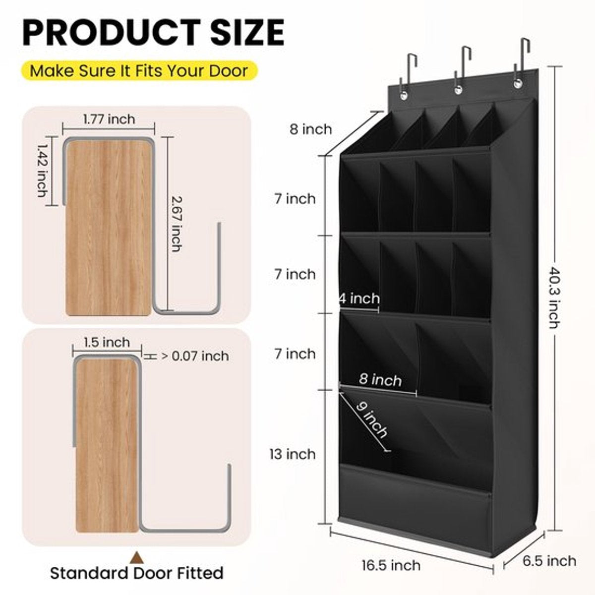 Hanging Shoe Organizer - Shoe Storage - 15 Large Compartments - Met Haken - Over-the-Door Organizer - Space-Saving Shoe Organizer - For Shoes, Home Accessories - Black