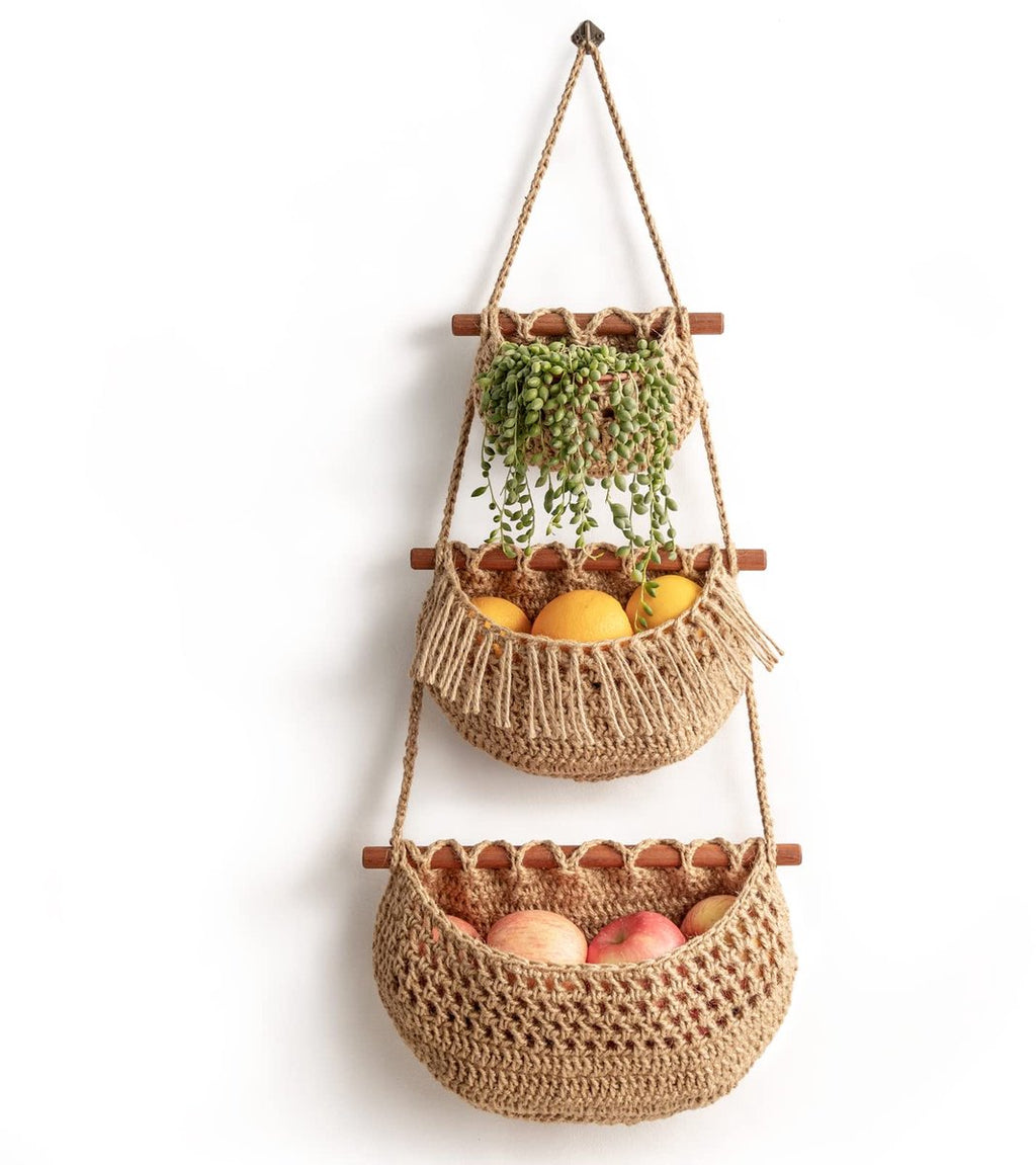 Hanging Fruit Basket - Hanging Storage - 3-Tier Over-the-Door Organizer - Woven Jute Wall Basket - Storage Bags - Over-the-Door Wall Organizer - For Entryway, Wardrobe, Closet, Bathroom, Door