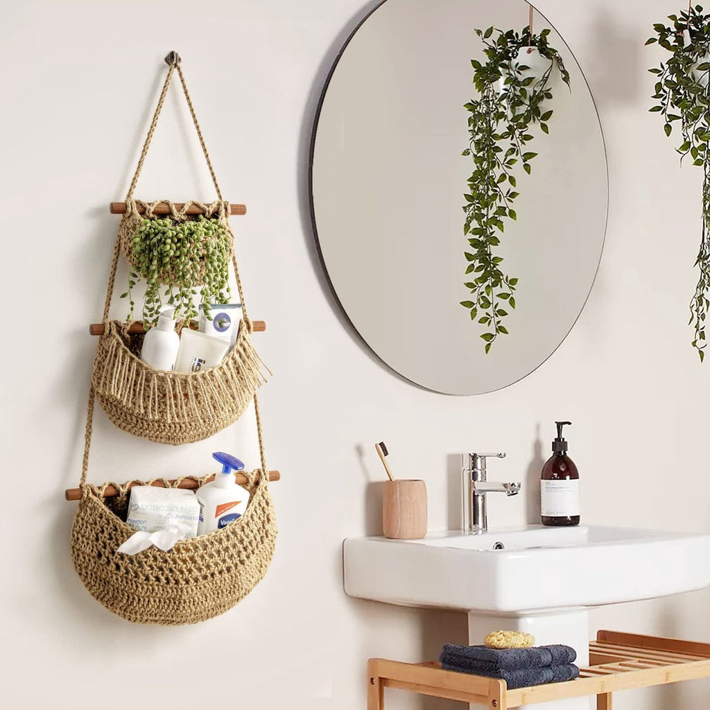 Hanging Fruit Basket - Hanging Storage - 3-Tier Over-the-Door Organizer - Woven Jute Wall Basket - Storage Bags - Over-the-Door Wall Organizer - For Entryway, Wardrobe, Closet, Bathroom, Door