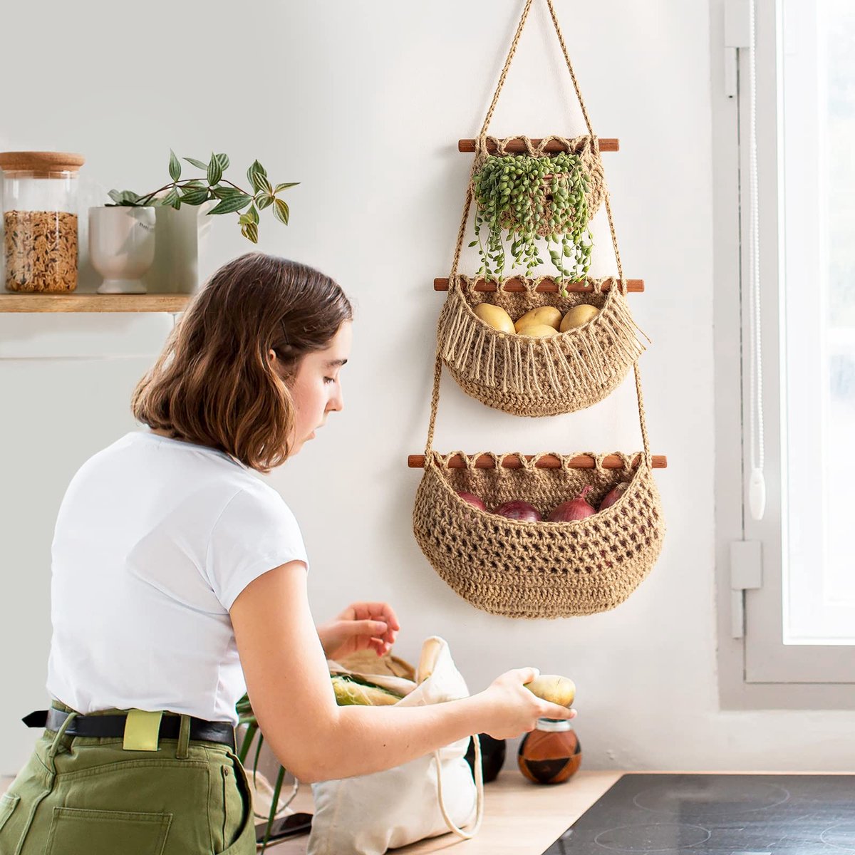 Hanging Fruit Basket - Hanging Storage - 3-Tier Over-the-Door Organizer - Woven Jute Wall Basket - Storage Bags - Over-the-Door Wall Organizer - For Entryway, Wardrobe, Closet, Bathroom, Door