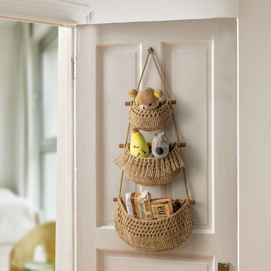 Hanging Fruit Basket - Hanging Storage - 3-Tier Over-the-Door Organizer - Woven Jute Wall Basket - Storage Bags - Over-the-Door Wall Organizer - For Entryway, Wardrobe, Closet, Bathroom, Door