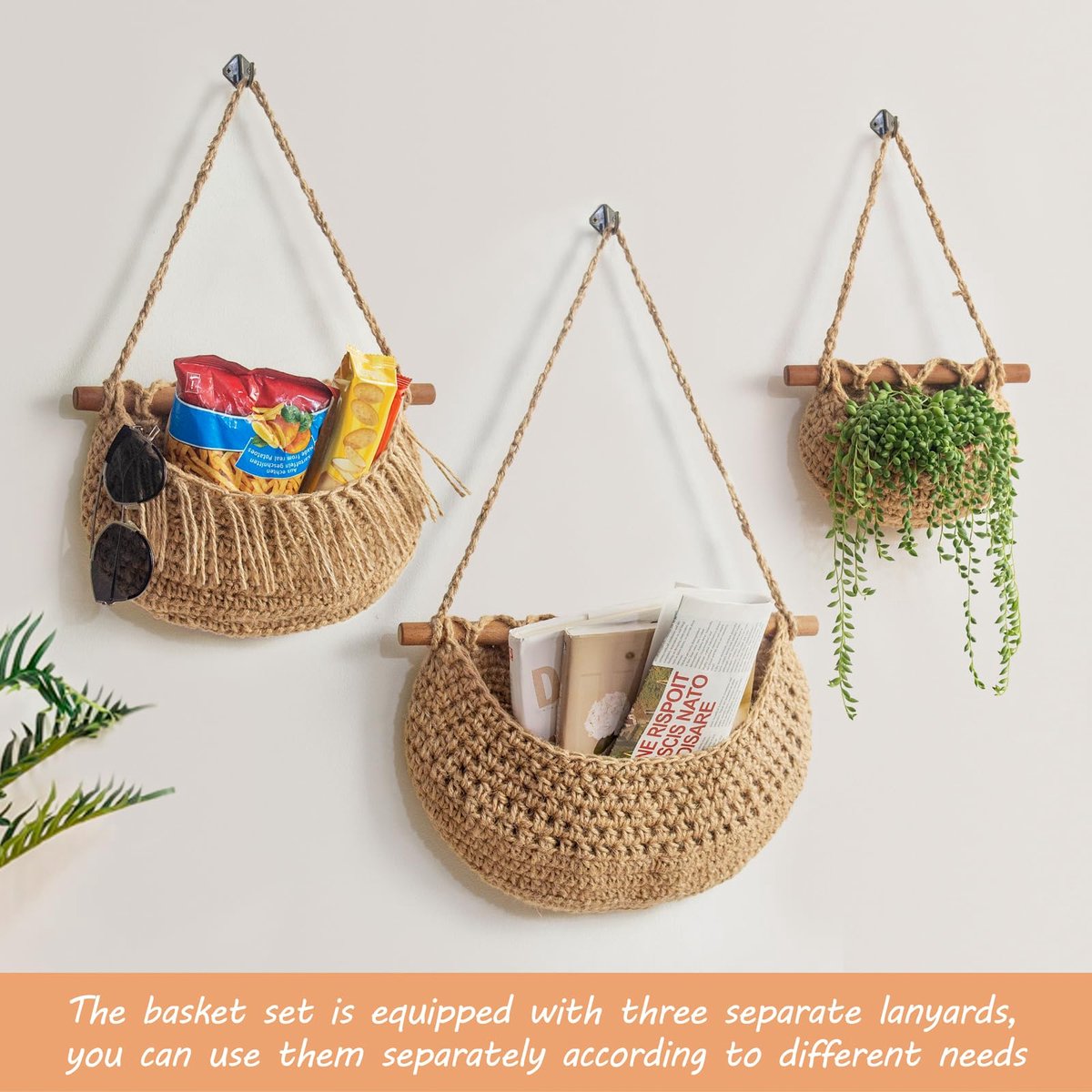 Hanging Fruit Basket - Hanging Storage - 3-Tier Over-the-Door Organizer - Woven Jute Wall Basket - Storage Bags - Over-the-Door Wall Organizer - For Entryway, Wardrobe, Closet, Bathroom, Door