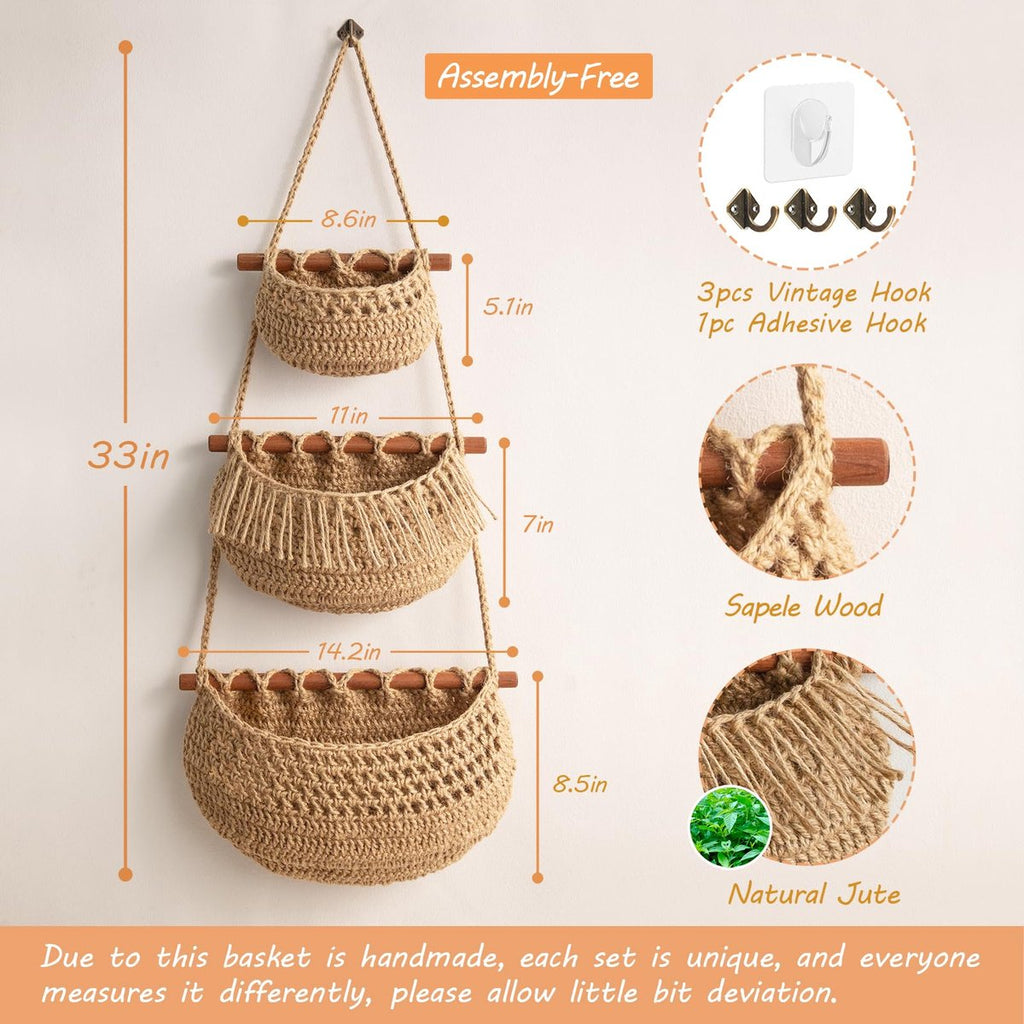 Hanging Fruit Basket - Hanging Storage - 3-Tier Over-the-Door Organizer - Woven Jute Wall Basket - Storage Bags - Over-the-Door Wall Organizer - For Entryway, Wardrobe, Closet, Bathroom, Door