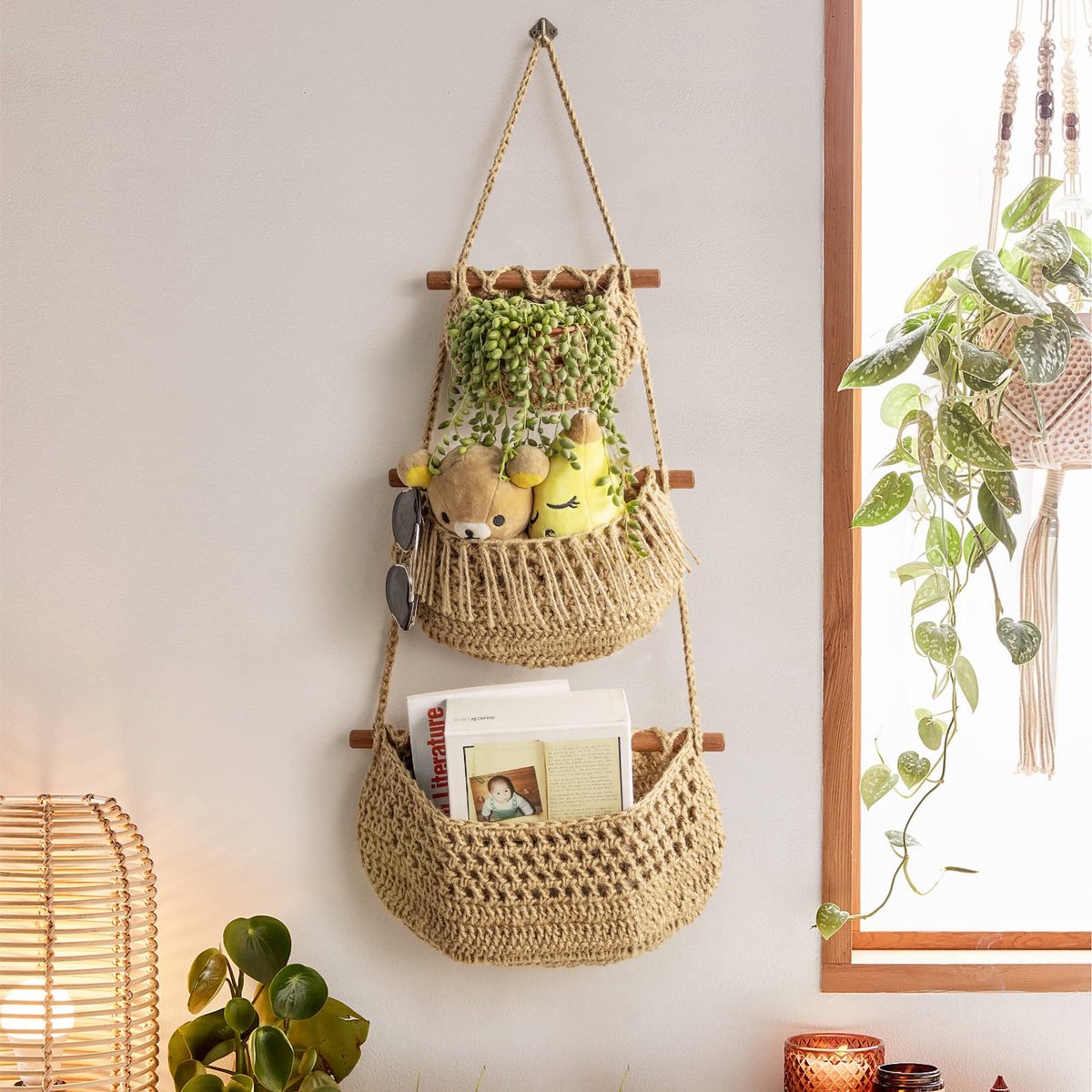 Hanging Fruit Basket - Hanging Storage - 3-Tier Over-the-Door Organizer - Woven Jute Wall Basket - Storage Bags - Over-the-Door Wall Organizer - For Entryway, Wardrobe, Closet, Bathroom, Door