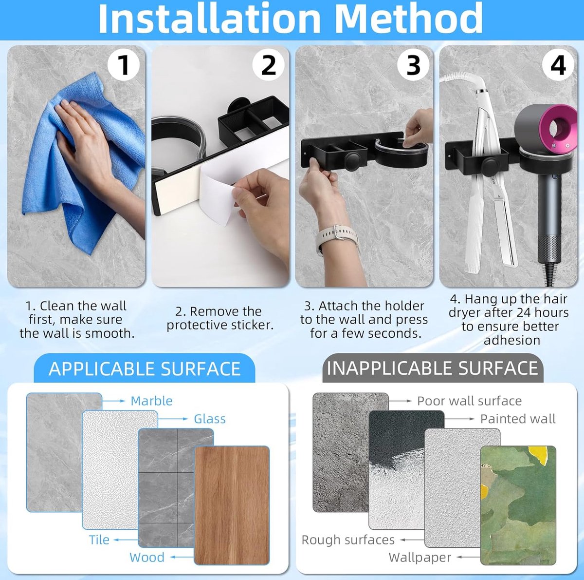 Hair Dryer Wall Bracket Holder - Hair Dryer - Hair Dryers - Hair Dryer Holders - Bathroom Hanging Rack - Hair Dryer Brush - Hair Dryer Holder - Wall Mount - Self-Adhesive - Universal - Hair Dryer - Wall Mount - For Hotel, Bathroom, Living Room, Barbershop