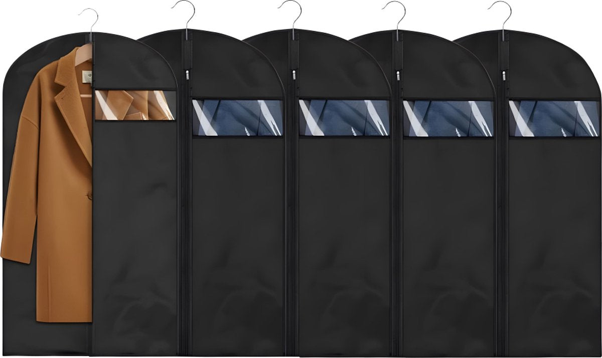 Garment Bags - 5 x Black Garment Bag with Zipper 60x150 - Garment Bags - Clothing Storage Bag - Protective Cover for Clothing - Storage Bags - Storage - Store/Organize Clothing - Waterproof - Dustproof - Viewing Window - Coat/Jacket/Costume Cover