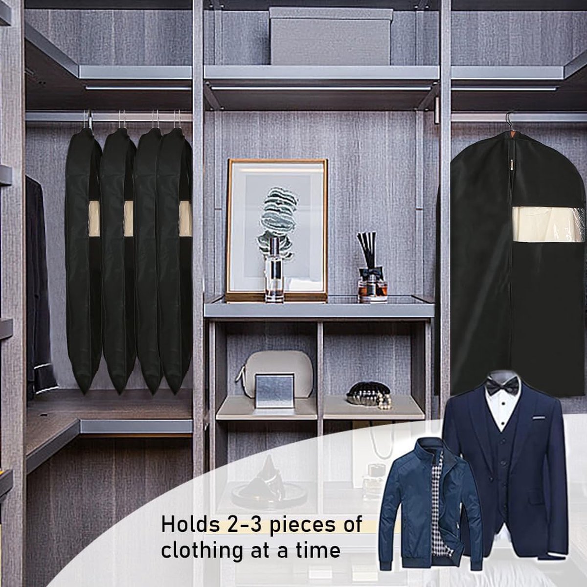 Garment Bags - 5 x Black Garment Bag with Zipper 60x150 - Garment Bags - Clothing Storage Bag - Protective Cover for Clothing - Storage Bags - Storage - Store/Organize Clothing - Waterproof - Dustproof - Viewing Window - Coat/Jacket/Costume Cover