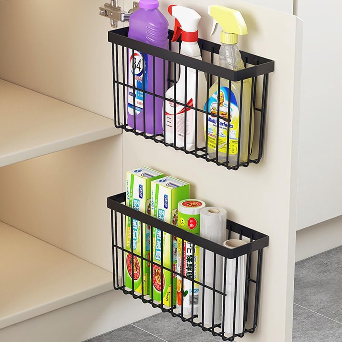 Set of 2 Storage Boxes - Storage Boxes - Storage Boxes for Kitchen Cabinet Doors - Self-Adhesive Storage Boxes - Wall-Mounted Metal Storage Boxes - Small Item Storage Boxes for Cabinets/Bathrooms/Refrigerators (Black)