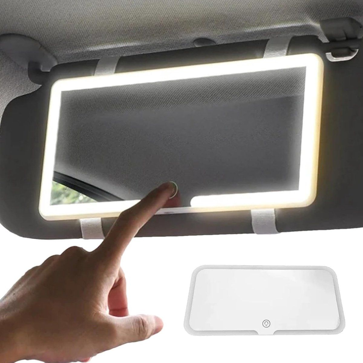 Car Makeup Mirror, Sun Visor Mirror with LED, Illuminated Makeup Mirror, Rechargeable and Dimmable, One Color, Three Brightness Levels, White