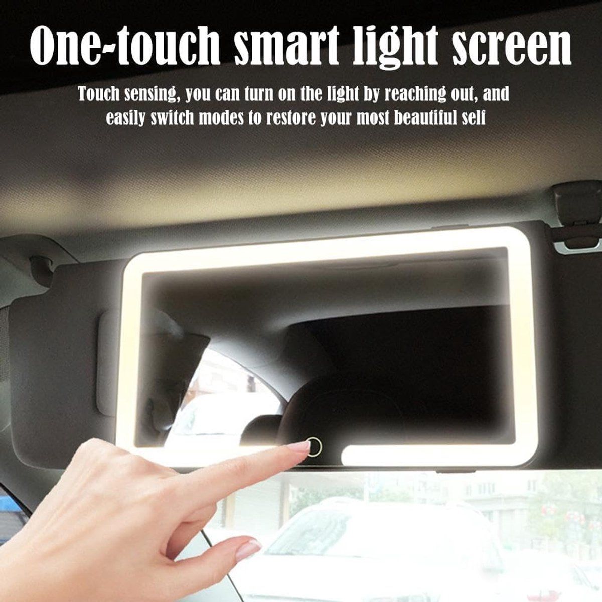 Car Makeup Mirror, Sun Visor Mirror with LED, Illuminated Makeup Mirror, Rechargeable and Dimmable, One Color, Three Brightness Levels, White