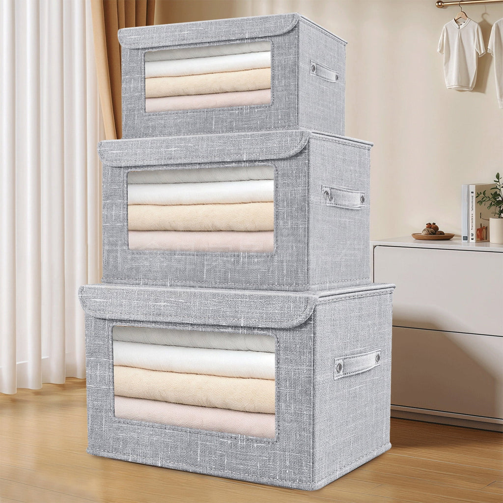 Clothes Storage Bins, Foldable Storage Bin for Clothes, Clothing Storage Bins with Lid, Linen Storage Box with Clear Window＆ Zippers＆ Sturdy Handles M