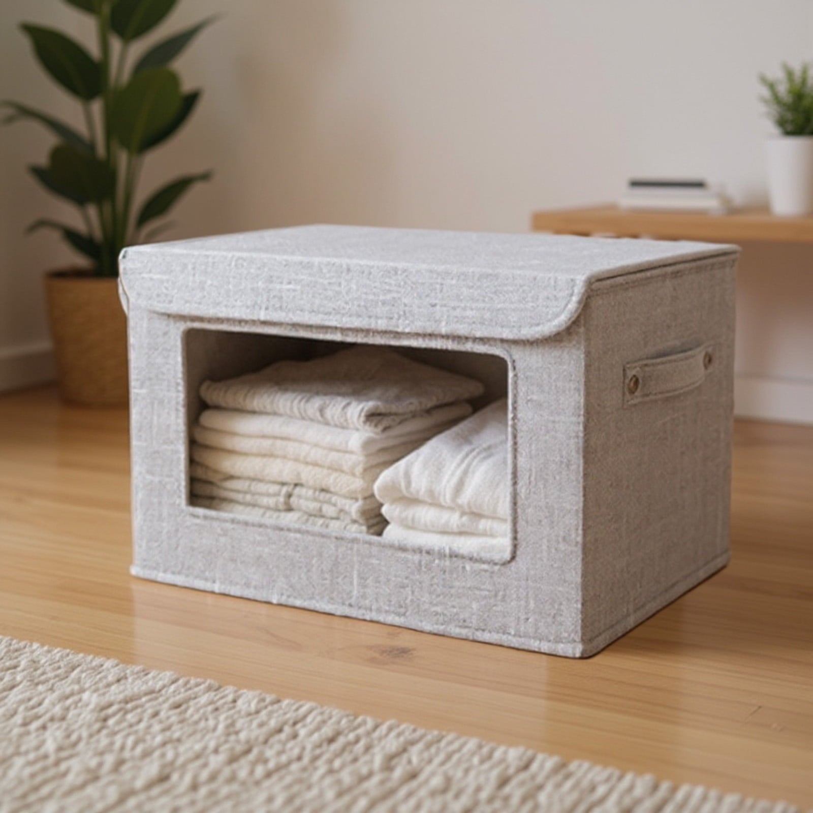 Clothes Storage Bins, Foldable Storage Bin for Clothes, Clothing Storage Bins with Lid, Linen Storage Box with Clear Window＆ Zippers＆ Sturdy Handles M