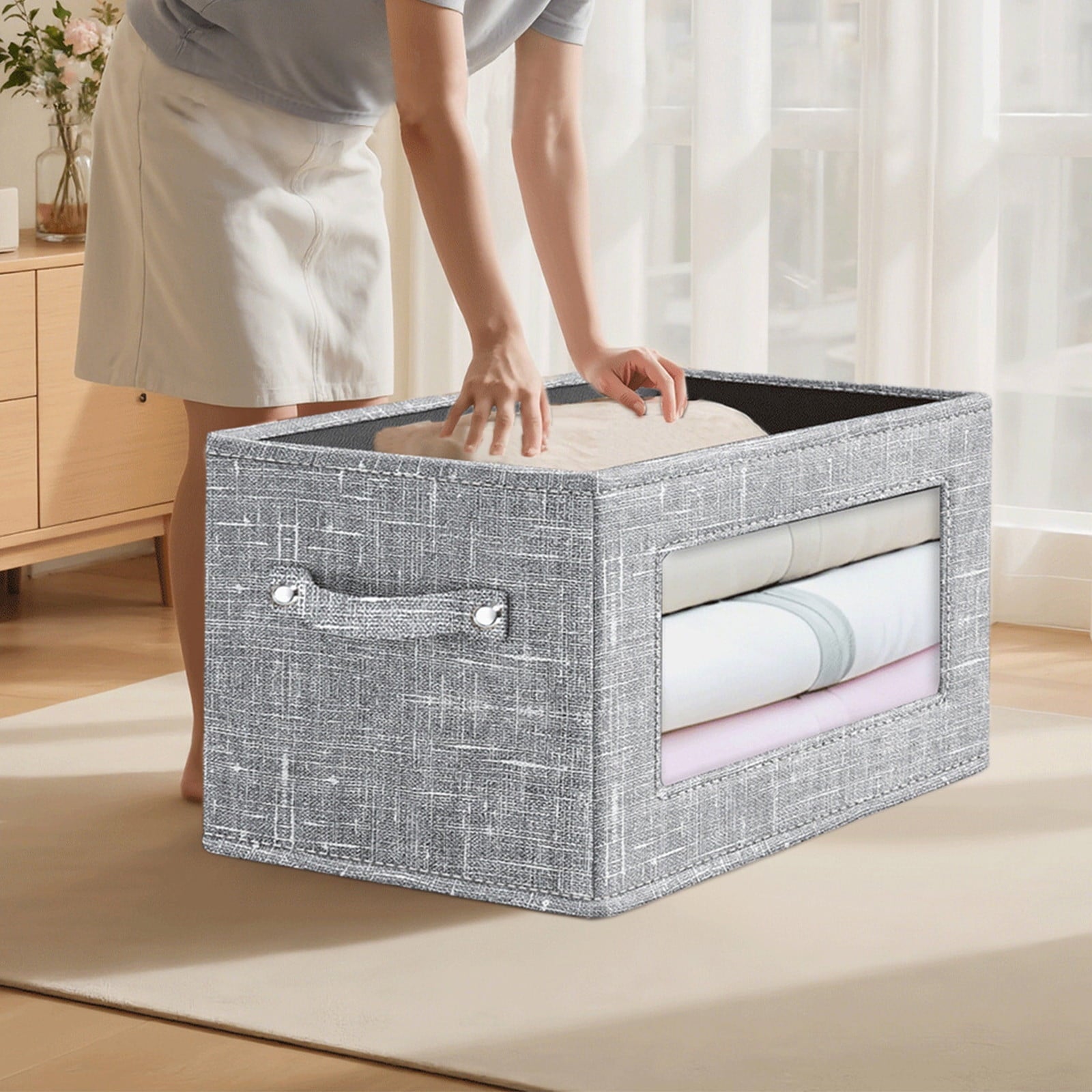 Clothes Storage Bins, Foldable Storage Bin for Clothes, Clothing Storage Bins with Lid, Linen Storage Box with Clear Window＆ Zippers＆ Sturdy Handles M