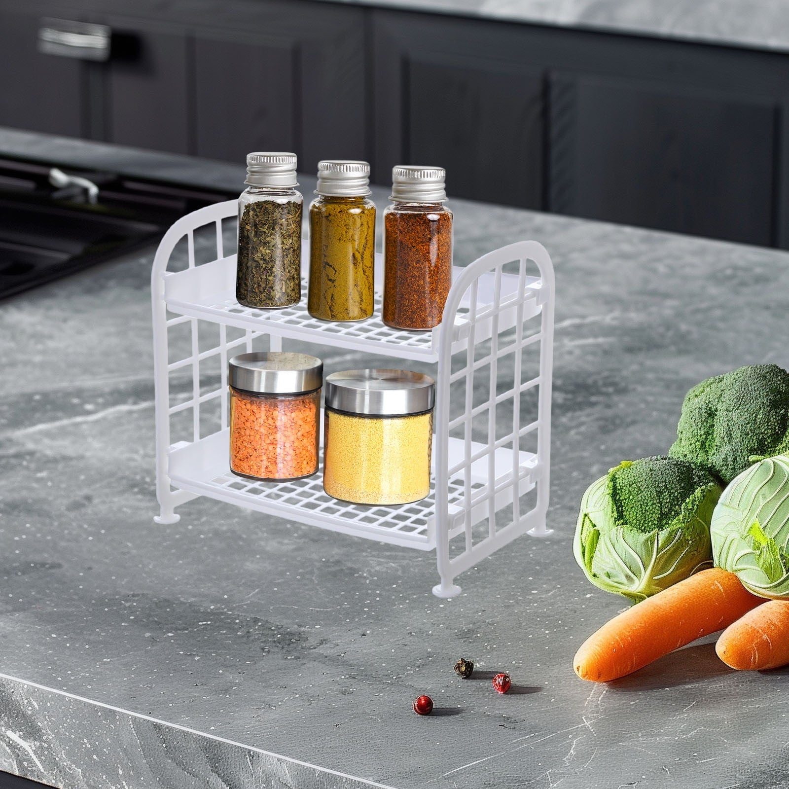 2-Layers Table Shelf Organizer, Plastic Storage Rack, Stand Table Storage Shelves, Kitchen Storage Rack, Sink Chopsticks Storage Rack, Countertop Drainage Rack, Filter Bowl Racks White