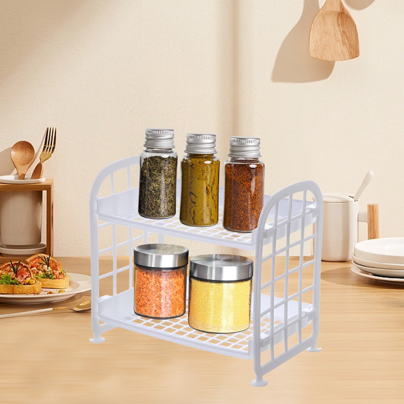 2-Layers Table Shelf Organizer, Plastic Storage Rack, Stand Table Storage Shelves, Kitchen Storage Rack, Sink Chopsticks Storage Rack, Countertop Drainage Rack, Filter Bowl Racks White