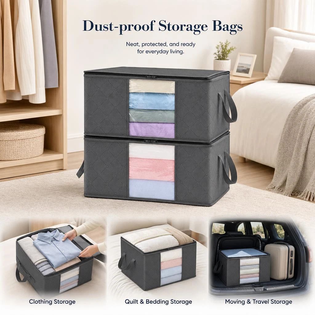 3-Pack 60L Bedding & Quilt Storage Bags with Zipper (Black)