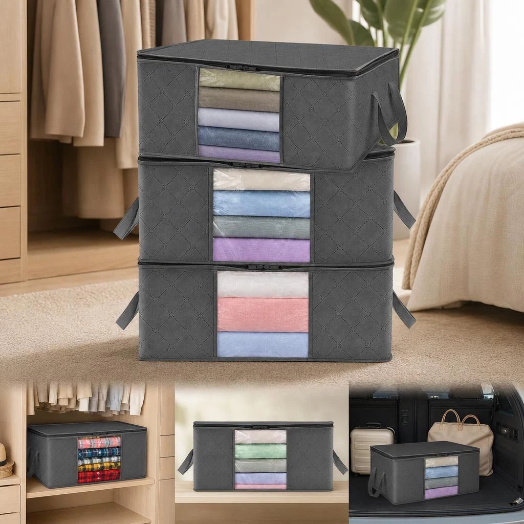 3 Pack 84L Dustproof Quilt Storage Pouches Black Zipper, Moderate Quantity Household Storage Set