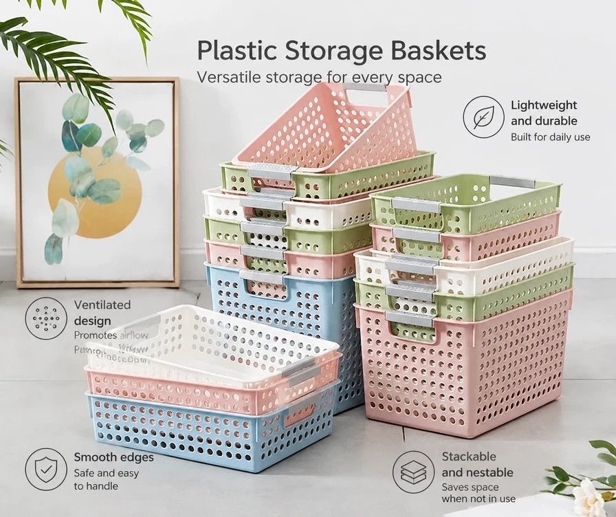 Tall Plastic Storage Basket, Medium Size, 12.20x8.66x6.89in, Blue, Multi-Scene Deep Storage Organizer, Thoughtful Home Gift