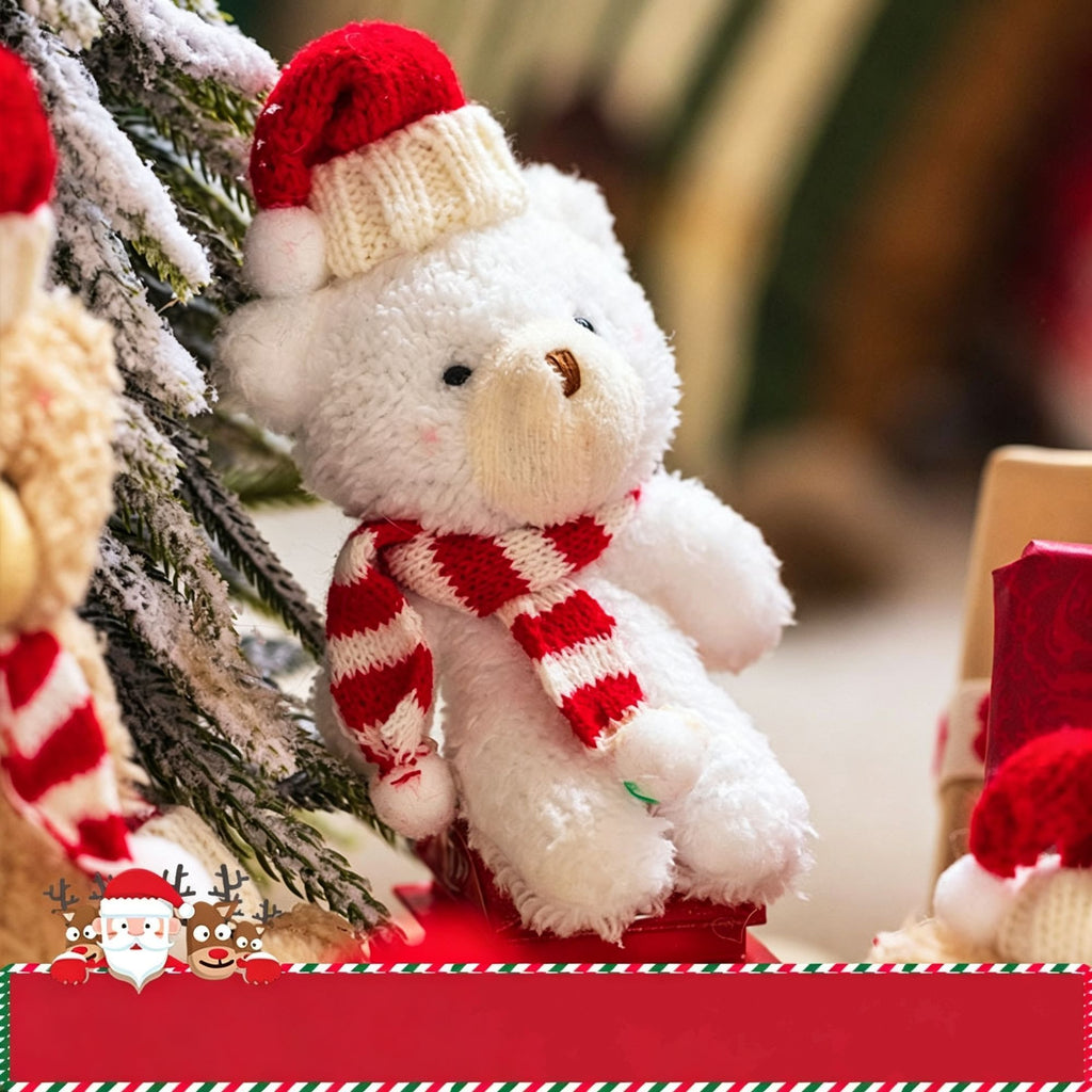 Christmas Curly Fluff Bear Decor Ornament, Style A White Bear with Red & White Scarf, Desktop Figurine for Xmas Home Decoration and Holiday Gift