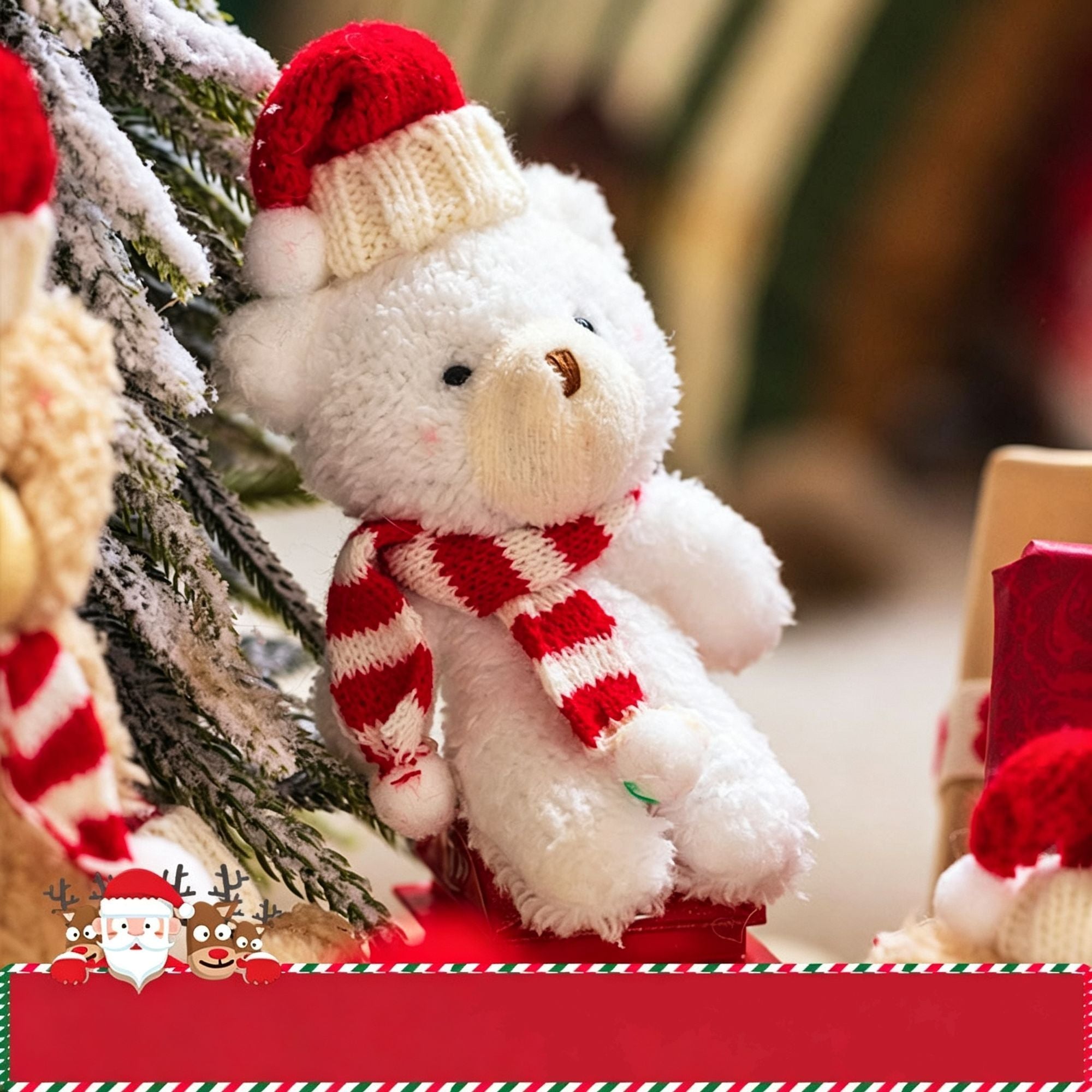 Christmas Curly Fluff Bear Decor Ornament, Style A White Bear with Red & White Scarf, Desktop Figurine for Xmas Home Decoration and Holiday Gift
