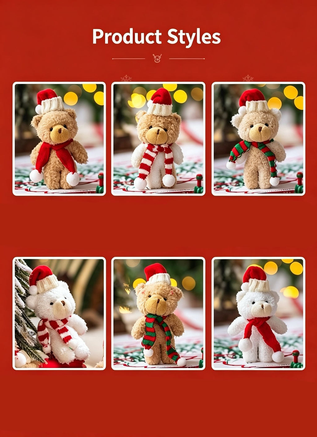 Christmas Curly Fluff Bear Decor Ornament, Style A White Bear with Red & White Scarf, Desktop Figurine for Xmas Home Decoration and Holiday Gift
