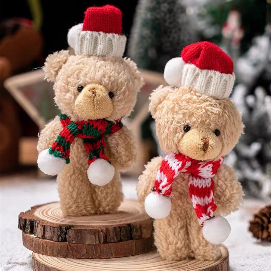 Christmas Curly Fluff Bear Decor Ornament, Style A White Bear with Red & White Scarf, Desktop Figurine for Xmas Home Decoration and Holiday Gift