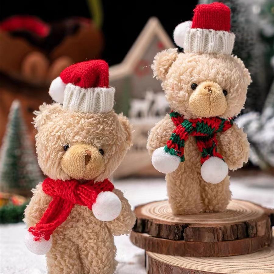 Christmas Curly Fluff Bear Decor Ornament, Style A White Bear with Red & White Scarf, Desktop Figurine for Xmas Home Decoration and Holiday Gift