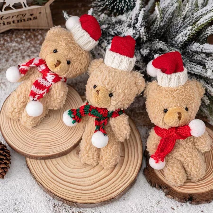 Christmas Curly Fluff Bear Decor Ornament, Style A White Bear with Red & White Scarf, Desktop Figurine for Xmas Home Decoration and Holiday Gift