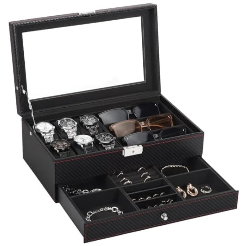 Men's Watch and Glasses Storage Box: Transparent Lid, Zoned Storage, Multi-slot Protection for Watches and Accessories