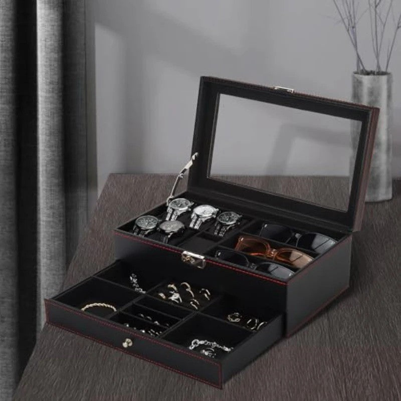 Men's Watch and Glasses Storage Box: Transparent Lid, Zoned Storage, Multi-slot Protection for Watches and Accessories